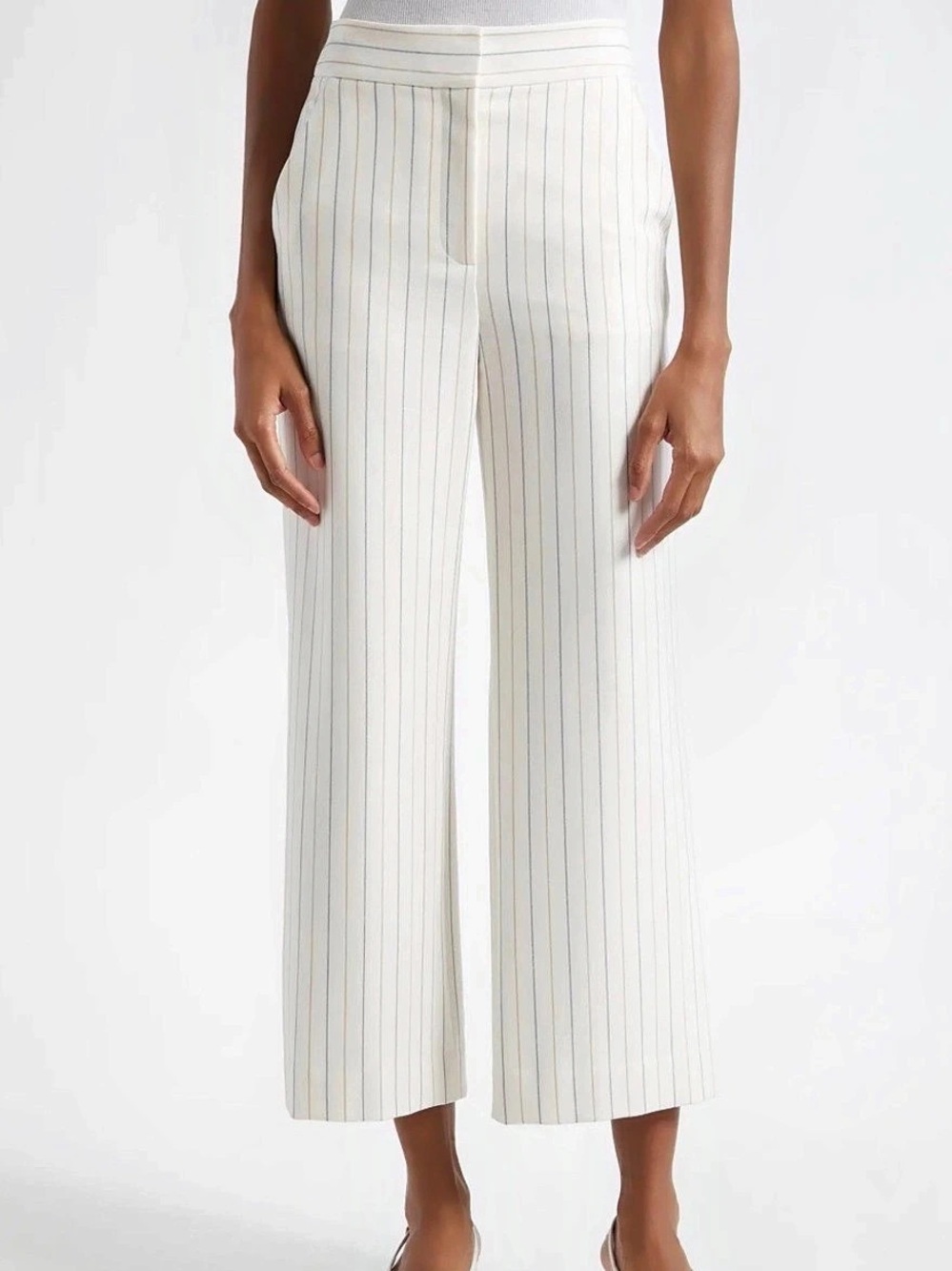 Veronica Beard Brixton Wide Leg cropped pants white with tan and blue stripes